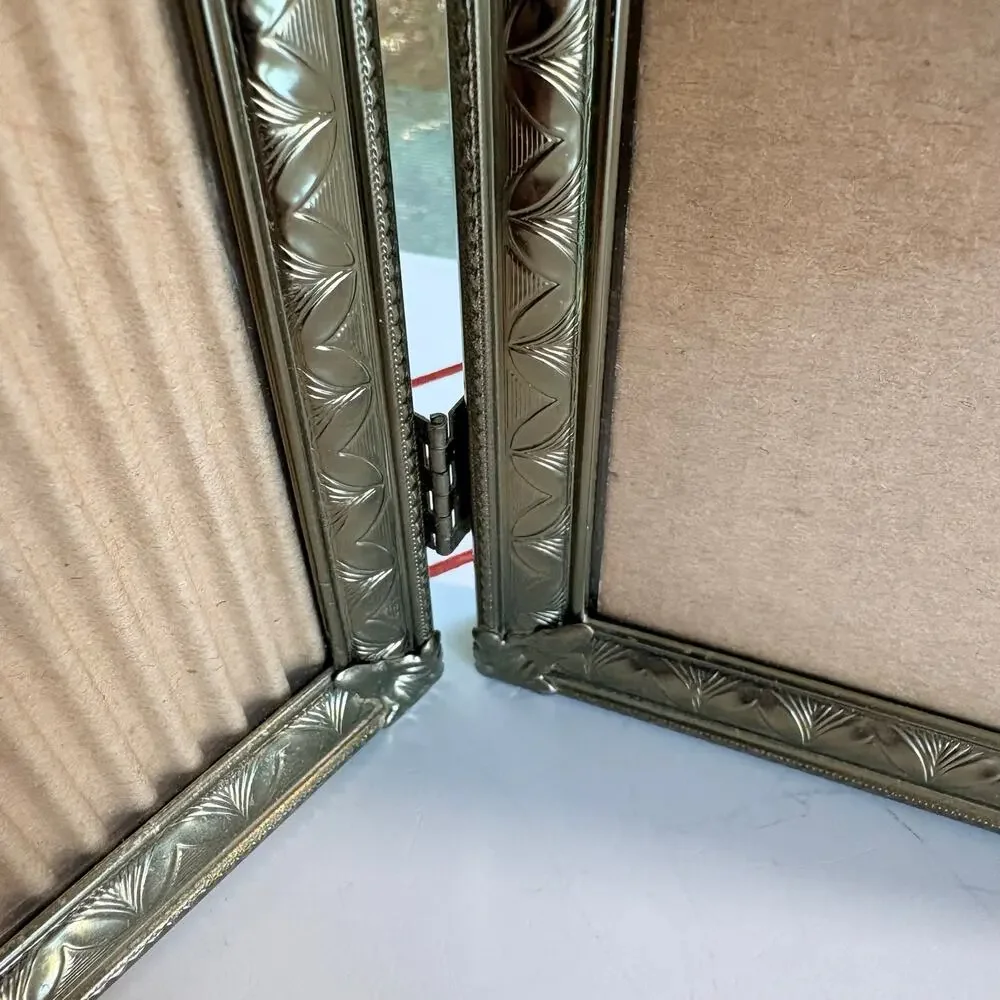 Vintage Double 5x7 Hinged Picture Frame Ornate Gold Tone Metal Folding Frame